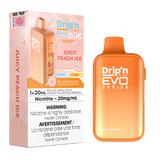 Orange vape device with 'Drip'n Evo' branding next to its packaging on a white background